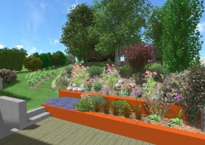 Conception en 3D d'une perspective d'un jardin