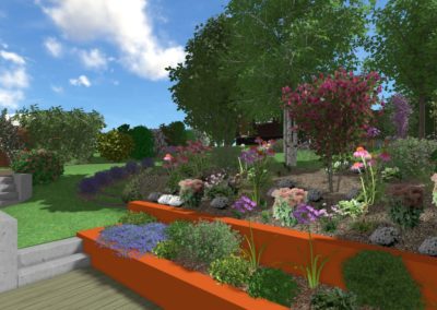 Conception en 3D d'une perspective d'un jardin