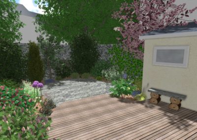 Conception en 3D d'une perspective d'un jardin