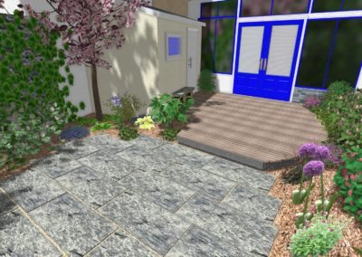 Conception en 3D d'une perspective d'un jardin